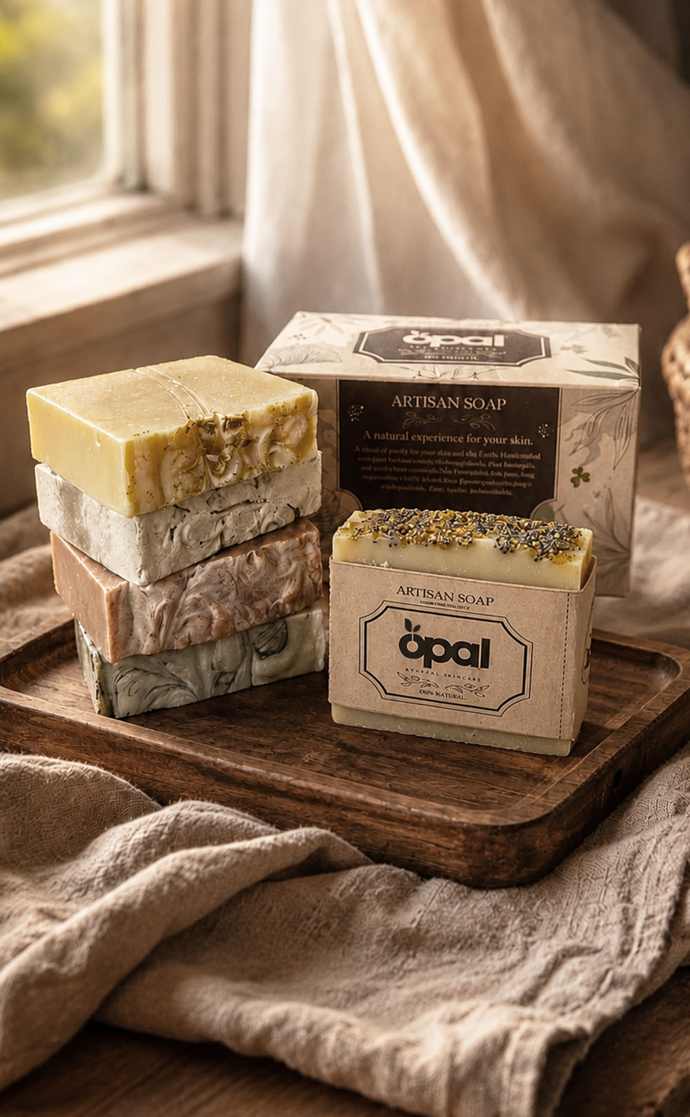 OPAL Ancestral Essentials Collection natural soap pack with handcrafted wood, linen and rustic botanical elements.