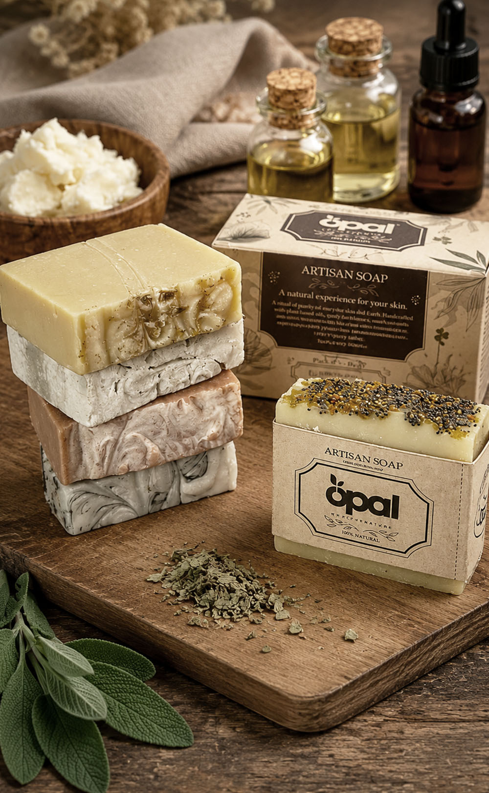 OPAL Botanical Harmony Collection natural soap pack surrounded by lavender, wildflowers and botanical ingredients.
