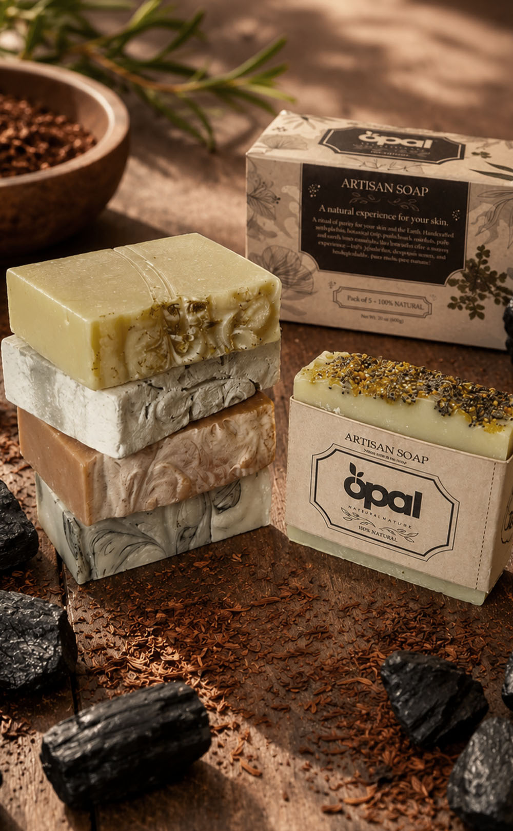 OPAL Earth & Clay Collection natural soap pack with mineral clay, volcanic stones and earthy natural elements.