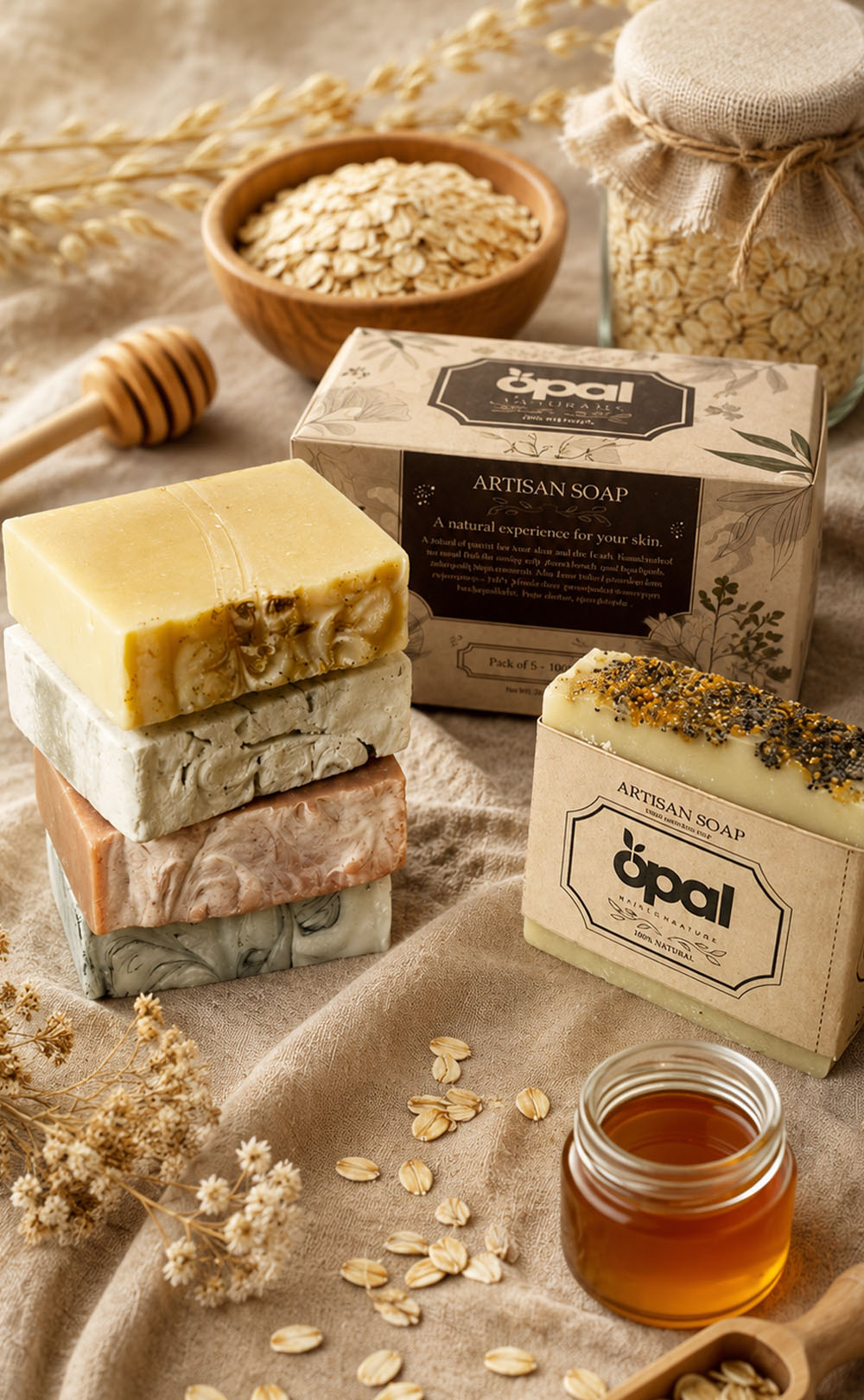 OPAL Golden Nourishment Collection natural soap pack with honey, oats, honeycomb and golden flowers.