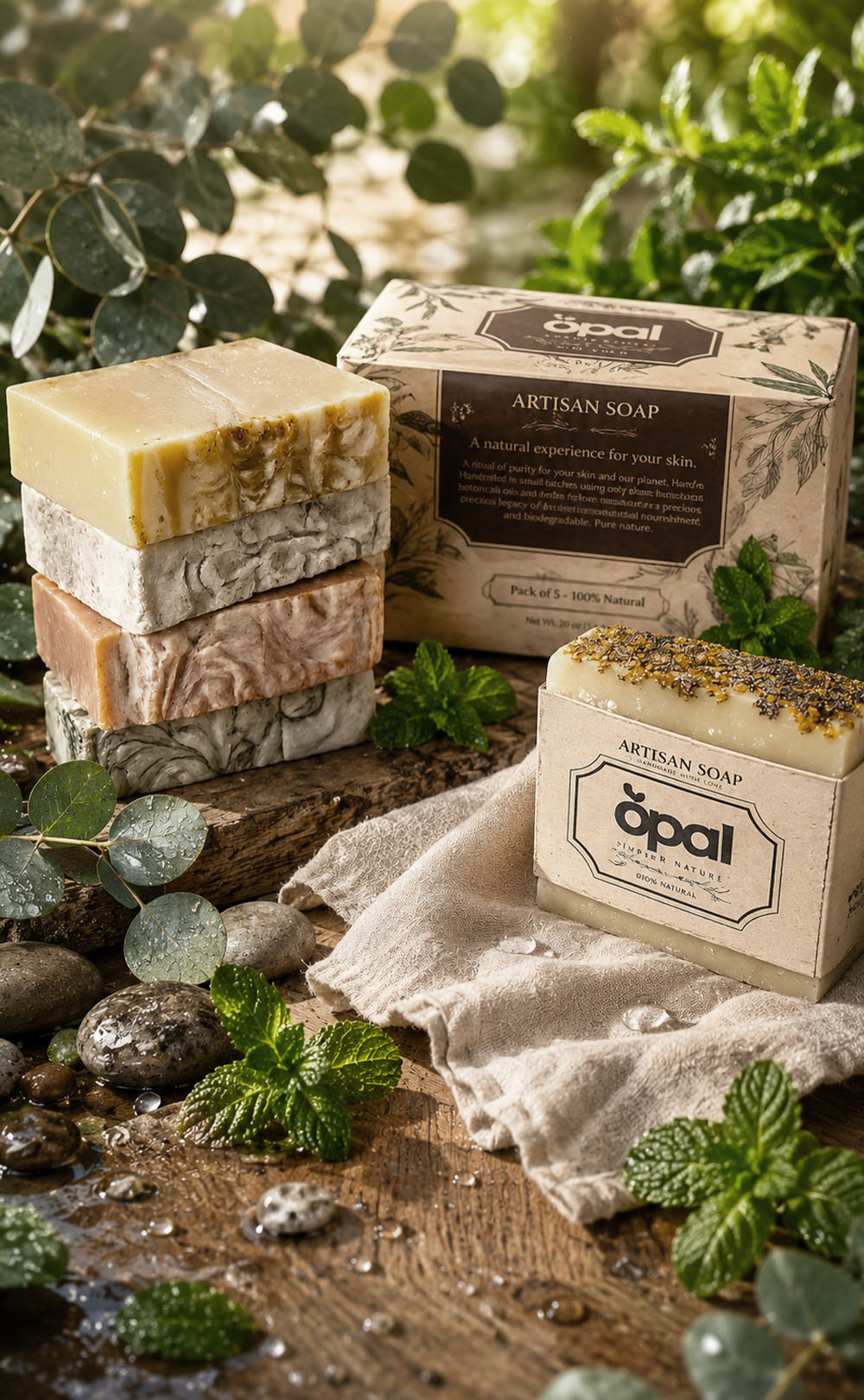 OPAL Total Fresh Collection natural soap pack surrounded by mint, eucalyptus and fresh botanical elements.
