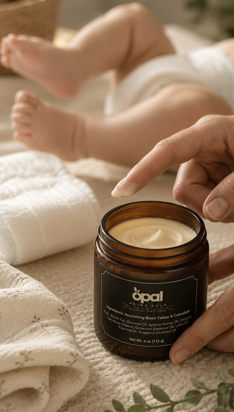 Natural diaper rash cream being gently applied to a baby's leg with Opal botanical cream.