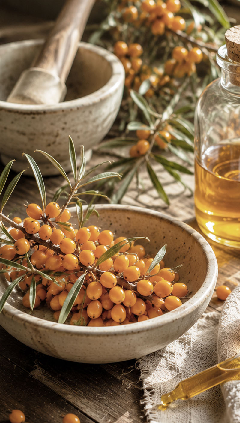 Sea buckthorn berries and botanical oil in a handcrafted natural skincare setting.